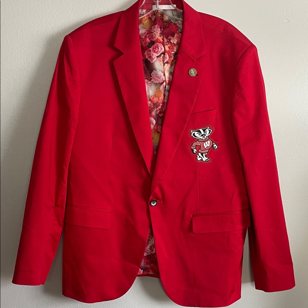 Perruzo Red Men's Blazer with Madison Badgers Collegiate Patch Size XL 44